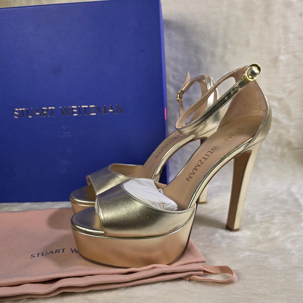 Stuart Weitzman Discoplatform Sandal Gold Metallic Ankle Strap Womens 10 Good - Picture 1 of 9